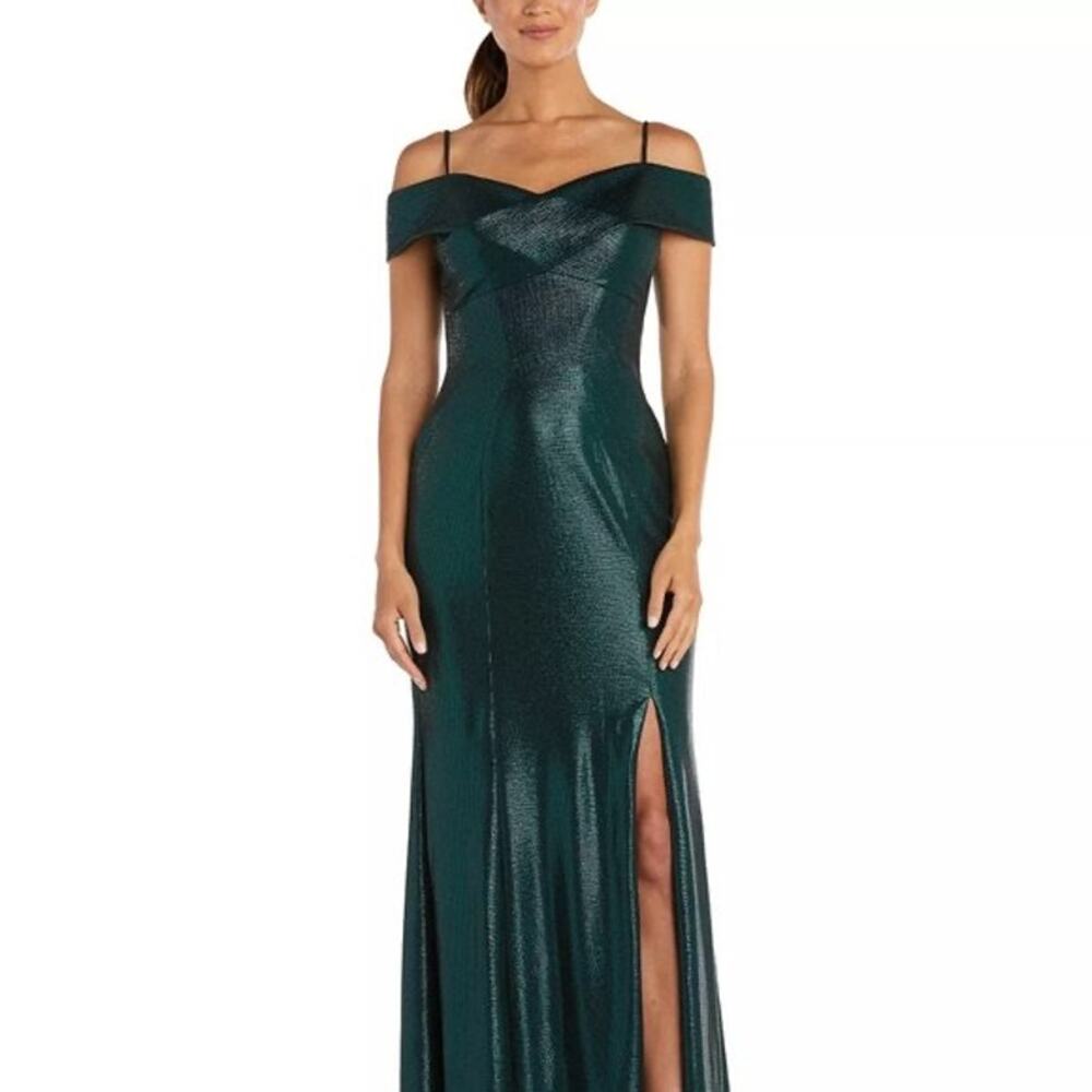 2020s Nightway Emerald Metallic Off Shoulder Slit Gown 8